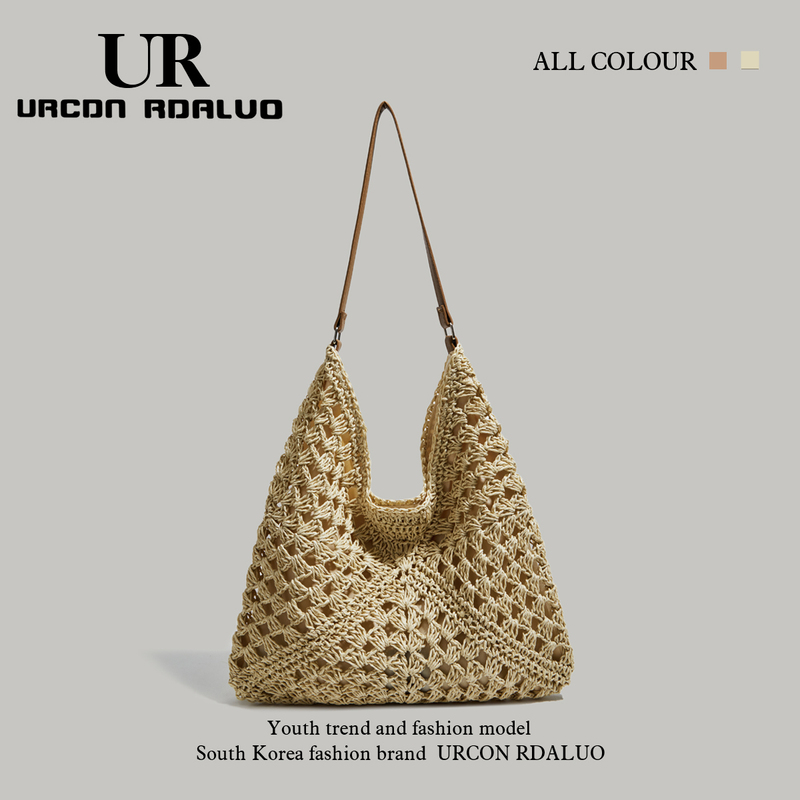 Ur Large-Capacity Straw Bag for Women 2025 New Summer Seaside Travel Beach Bag Woven Hollow Shoulder Tote Bag