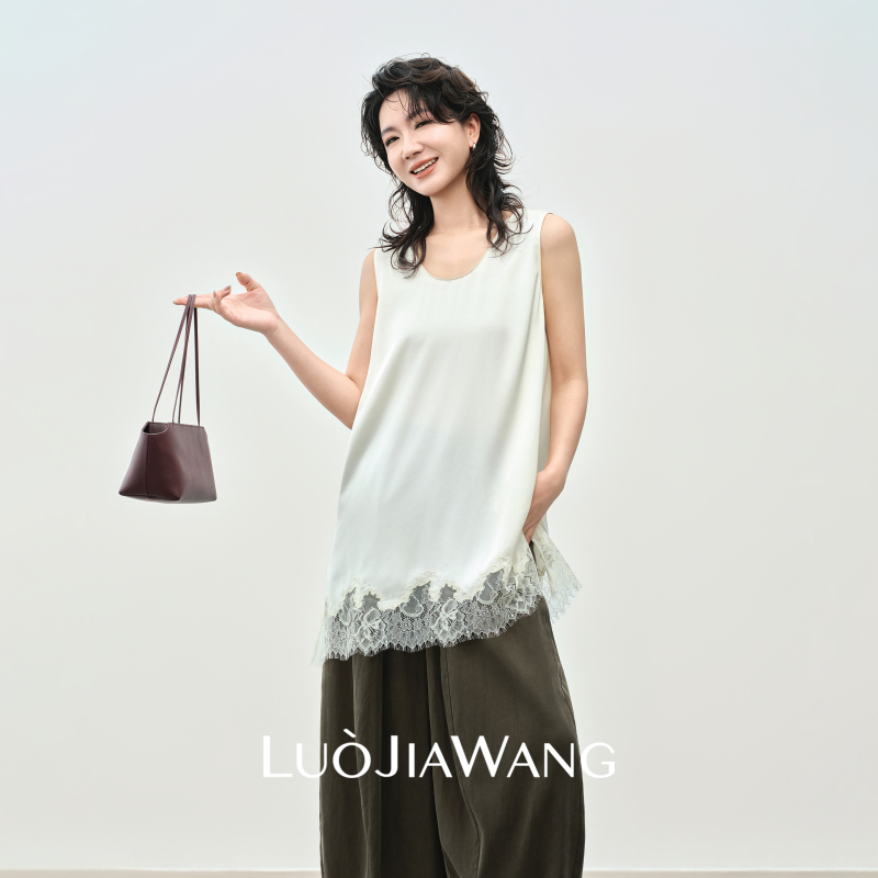 Luojiawang丨Minimalist High-End Lace Splicing Hem Vest for Women, Unique Design Sleeveless Top for Summer