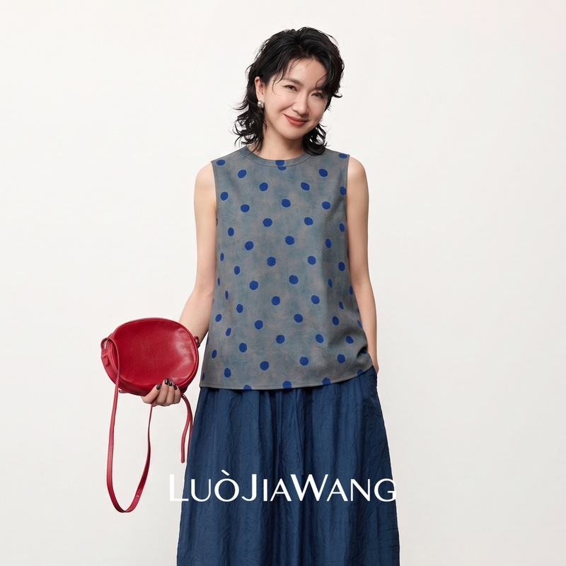 Luojiawang丨100% Mulberry Silk Red Cloud Yarn Polka Dot Vest for Women, Vintage Texture, Commuting Sleeveless Top for Summer