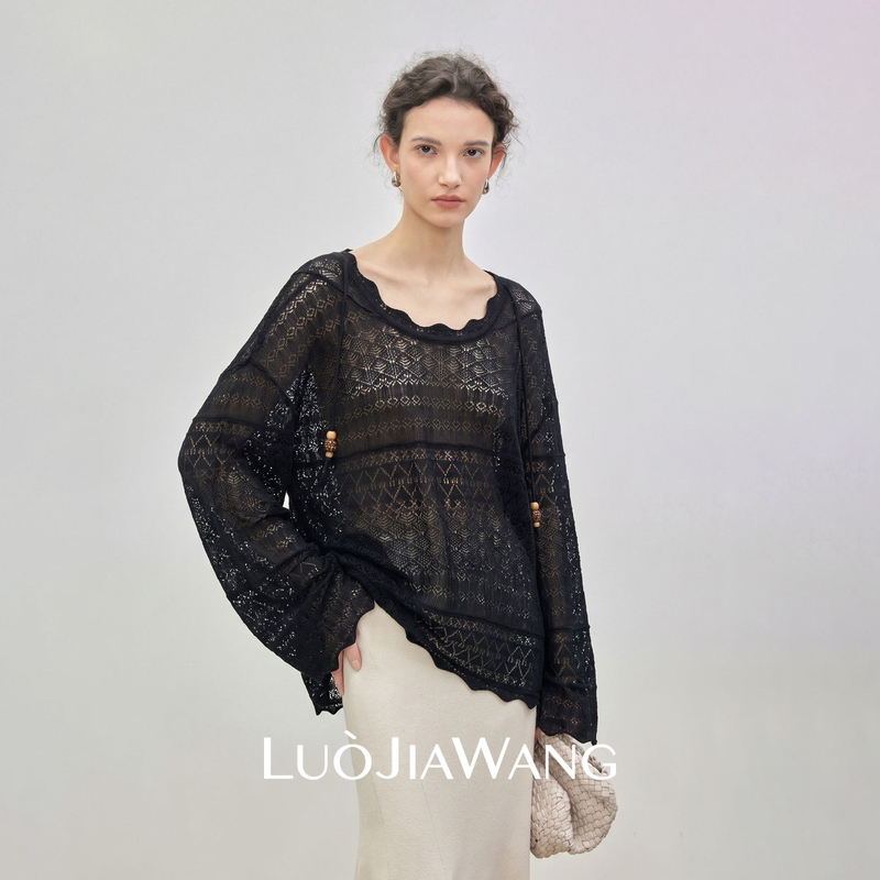 Luojiawang丨Modal High-End Relaxed Semi-Sheer Knit Sweater for Women with Crochet Hollow-Out Niche Design Cover-Up