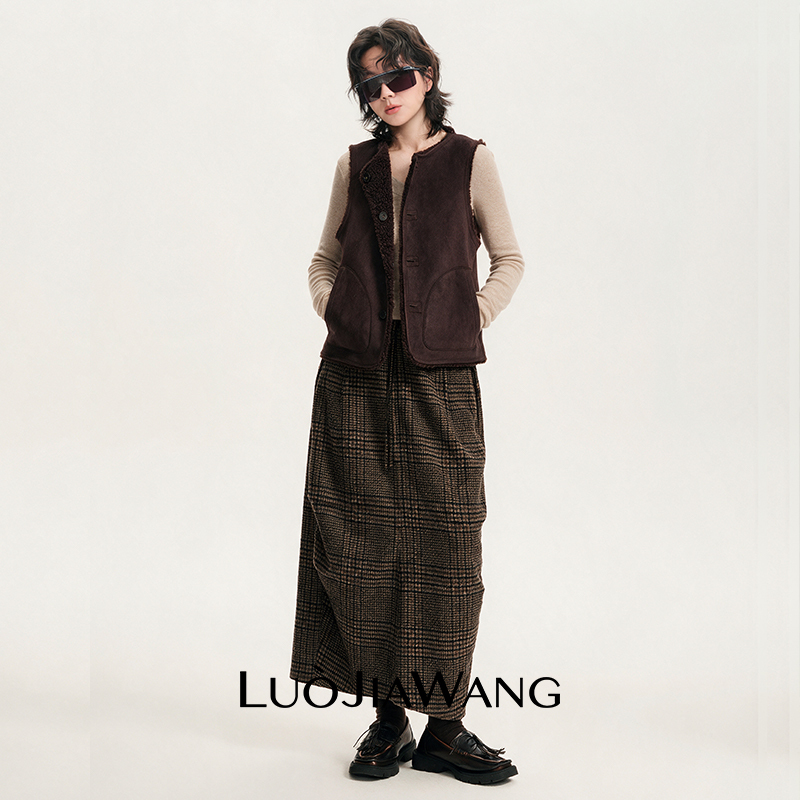 Sheep Wool Blend Retro Plaid Elastic Waist Drawstring Large Pocket Casual Straight Plaid Skirt Luojiawang Sheep Wool Blend Retro Plaid Elastic Waist Drawstring Large Pocket Casual Straight Plaid Skirt Luojiawang