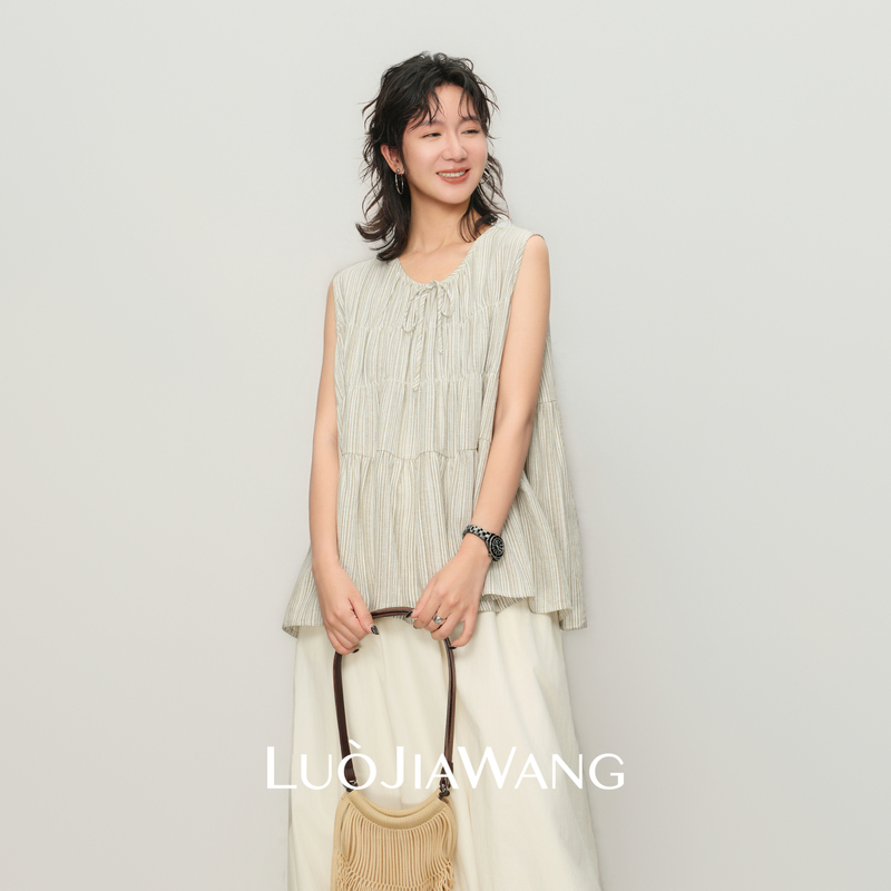 Linen Blend Light Gray Textured Striped Vest for Women, Loose and Versatile, Can Be Worn Inside or Outside, Sleeveless Top丨Luojiawang