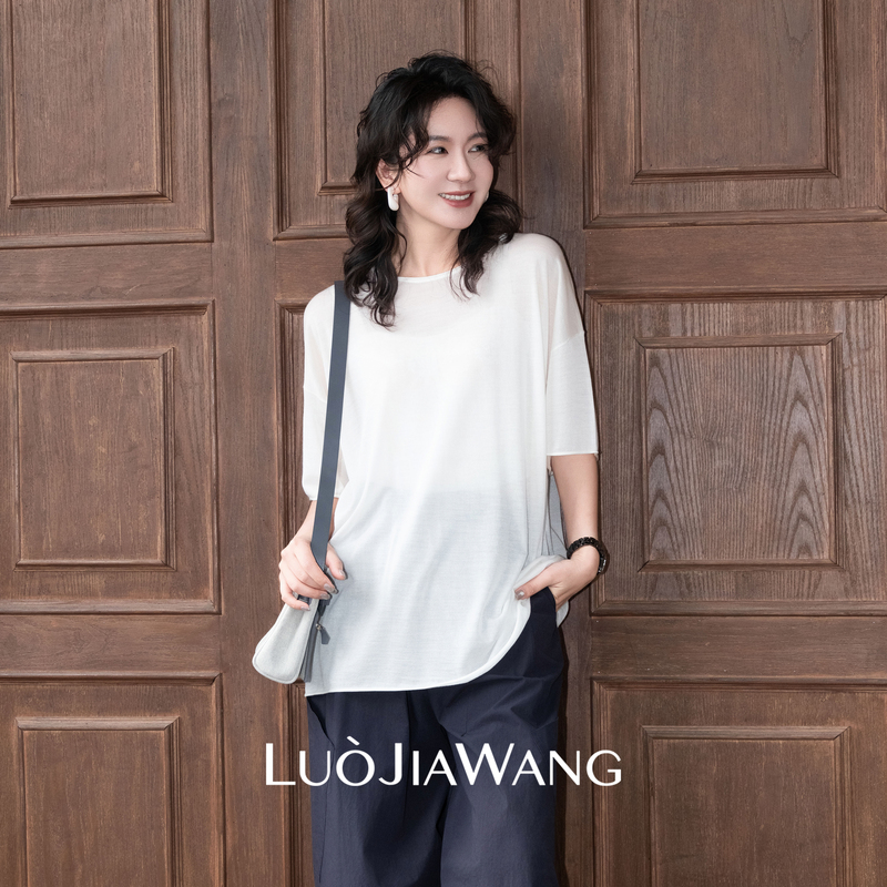 Luojiawang丨Sheep Wool Blend Short-Sleeved T-Shirt for Women, Summer Slightly Sheer Breathable Slimming Top Blouse White Luojiawang丨Sheep Wool Blend Short-Sleeved T-Shirt for Women, Summer Slightly Sheer Breathable Slimming Top Blouse White