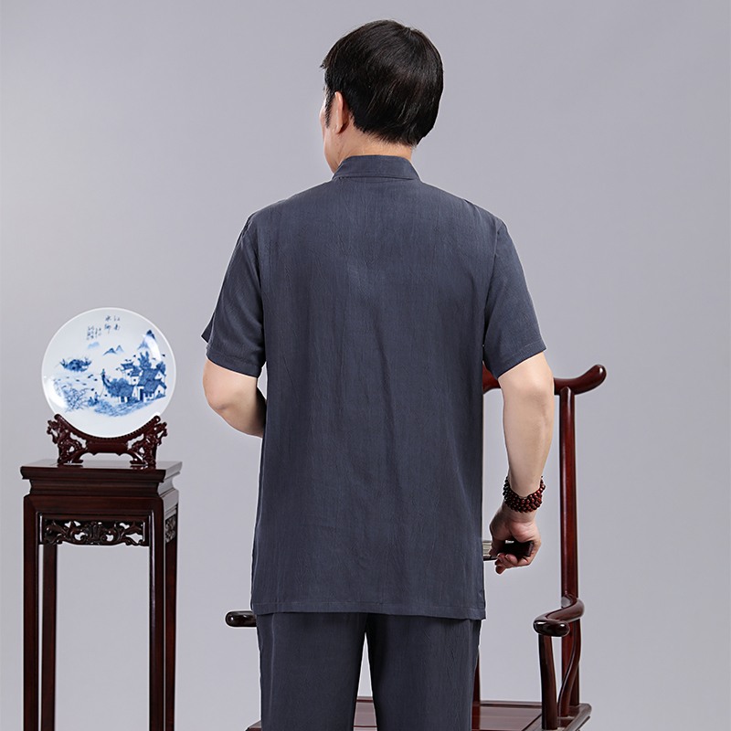 Trung niên lanh cũ Tang váy nam ngắn tay bộ Trung Quốc gió loose-fitting bông Trung Quốc và cây gai dầu đang lớn cha ông nội váy