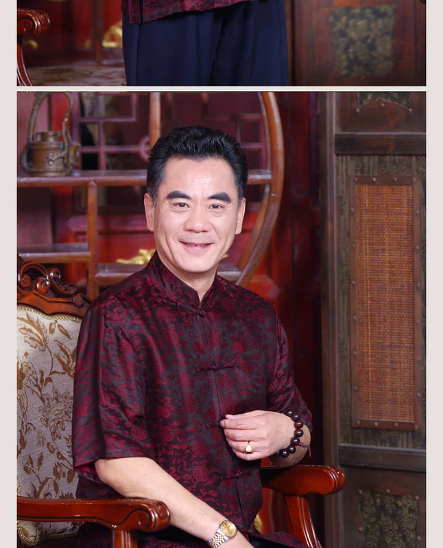 Trung niên và người đàn ông cũ của Tang phù hợp với mùa hè ngắn tay áo sơ mi Xiangyun sợi Trung Quốc phong cách cổ áo sơ mi lụa trang phục dân tộc đồ bộ kiểu