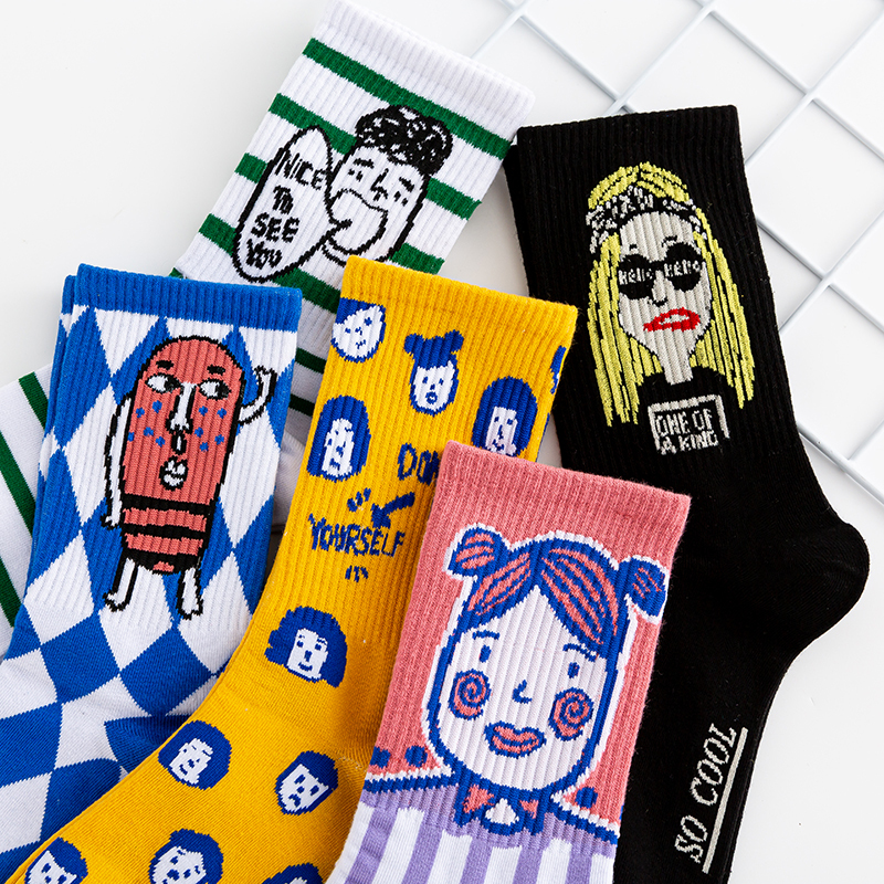 Cartoon Quirky Girl Socks, Women's Long Socks, Korean Style, Trendy Pure Cotton, Autumn Versatile, Sporty Style, Student Mid-Calf Socks