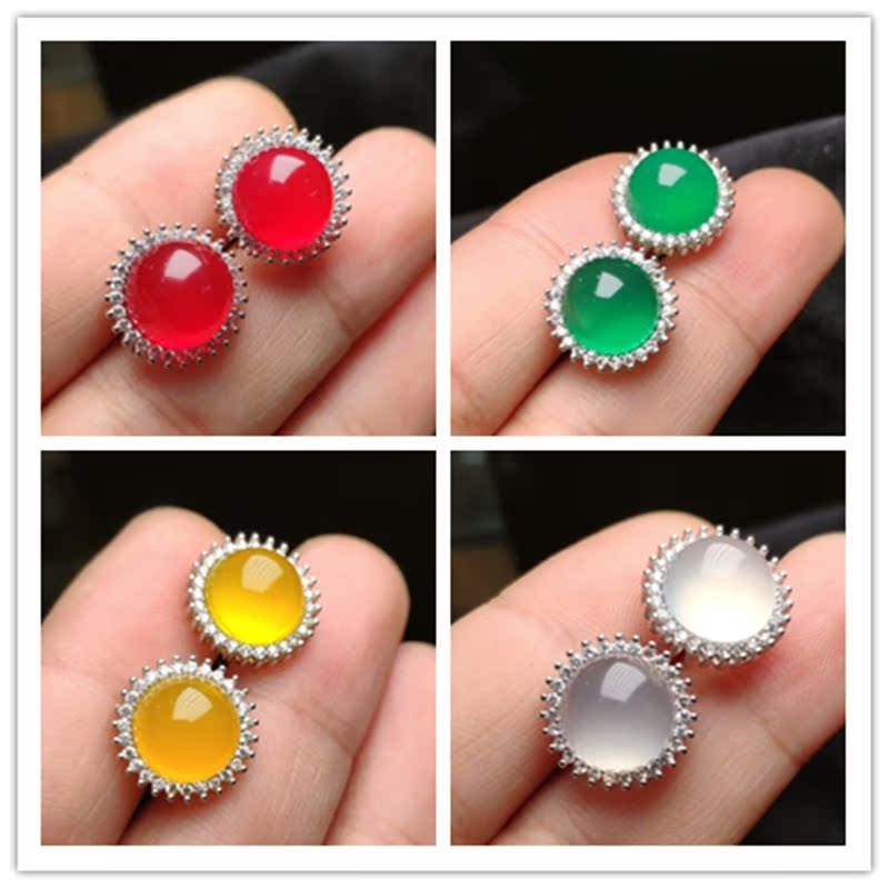 Fashion Red Green White Yellow Powder Blue Jade Medullary Needle Lady Brief About 925 Silver Inlaid Jade Medullary Jade Elegant Temperament Earrings
