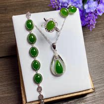 Hetian Jade S925 silver inlay green jasper fashion women pendant ring earring necklace bracelet set Jade
