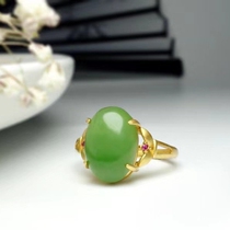 Natural spinach green and tianjade Jasper live mouth ring Ladies Ancient method silver cast gold craft ring jewelry