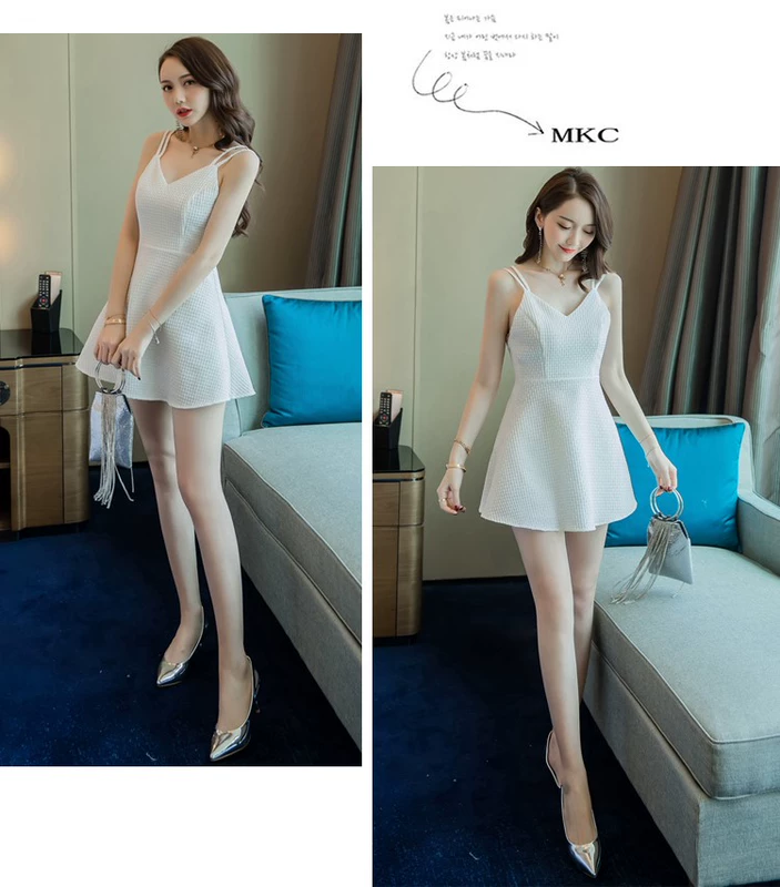 Hộp đêm nữ gợi cảm 2019 mới hè v-cổ váy dây váy eo một chữ không tay quai váy - A-Line Váy