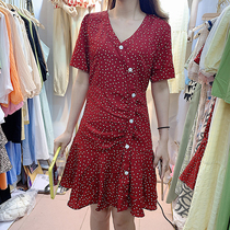 2021 summer new Korean slim short sleeve small point one-breasted V-neck fish tail skinny skirt dress women