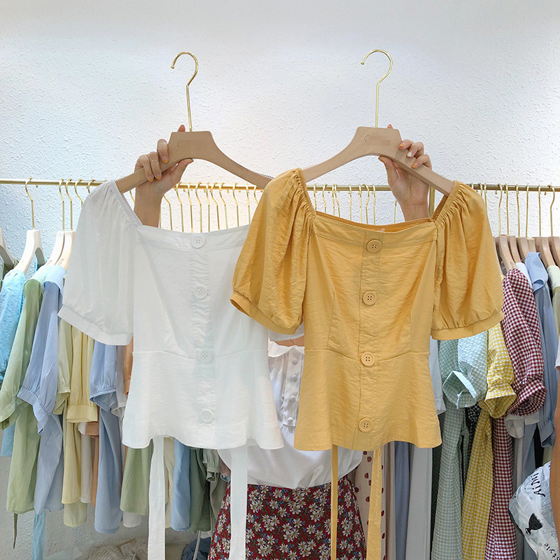 2021 summer new item simple solid color temperament thin and versatile age-reduction short-sleeved pullover tie waist shirt blouse