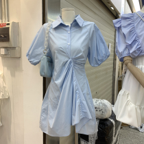 Temperament Korean Version New Pure Color Korea East Gate Woman Bubble Short Sleeve Polo Collar Ruffle Design Lining Dress Mid Length Dress