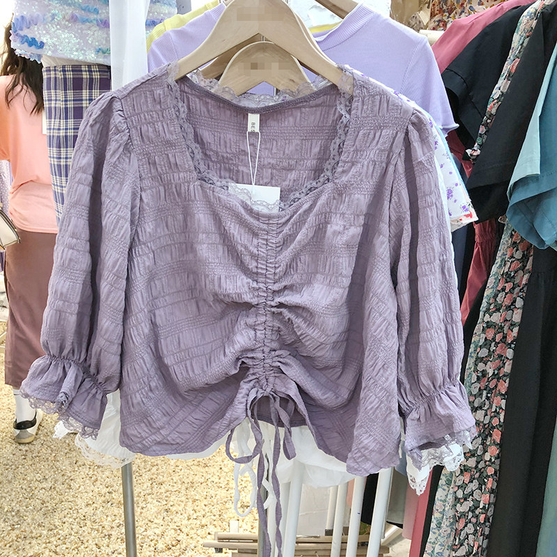 South Korea 2021 summer new pleated lace blouse high waist drawstring thin age sweet blouse female trend