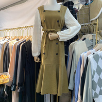 Mid-length ruffle womens autumn and winter Korea Dongdaemun splicing knitted sleeve fake two-piece strap waist dress women