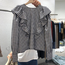 South Korea East Gate 2021 new round neck ruffled sweet plaid loose pullover shirt shirt womens top