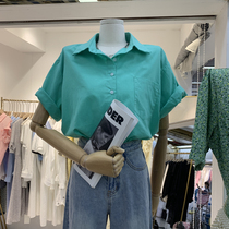 Small Fresh Pure Color 100 Lap Day Ensemble Sweet 2022 Korea Dongdaemun Curl Short Sleeve Polo Collar Single Row Buttoned Shirt