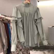 2021 Korea Dongdaemun Autumn New sweet ruffle stitching pleated stand neck long sleeve shirt womens coat tide