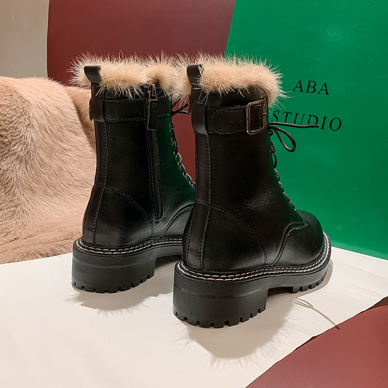 Leather Martin boots female British style 2020 autumn and winter new all-match platform short boots plus velvet thick cotton shoes thin boots