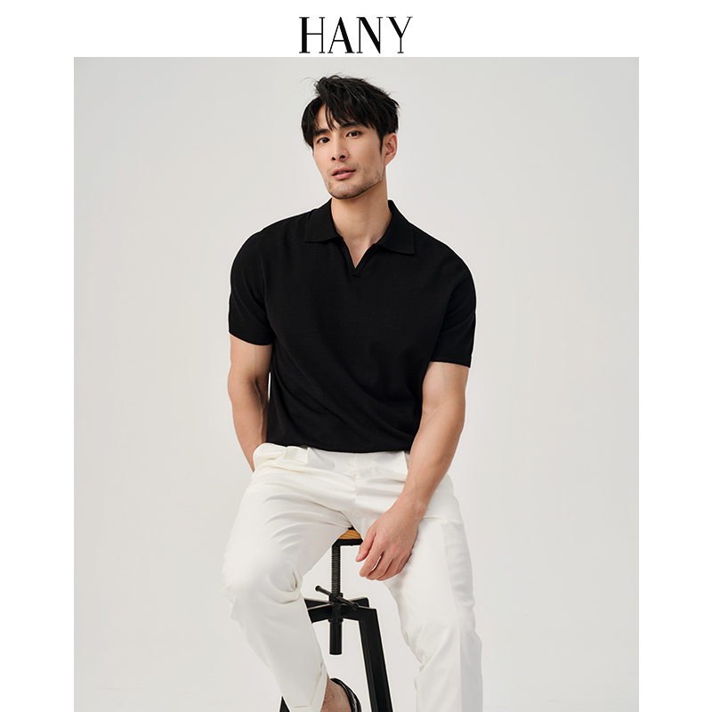 Hany [Italian-Style Seagull Collar Pure Cotton] New Polo Shirt for Men, Knitted Short-Sleeved Business Casual Lapel Black T-Shirt