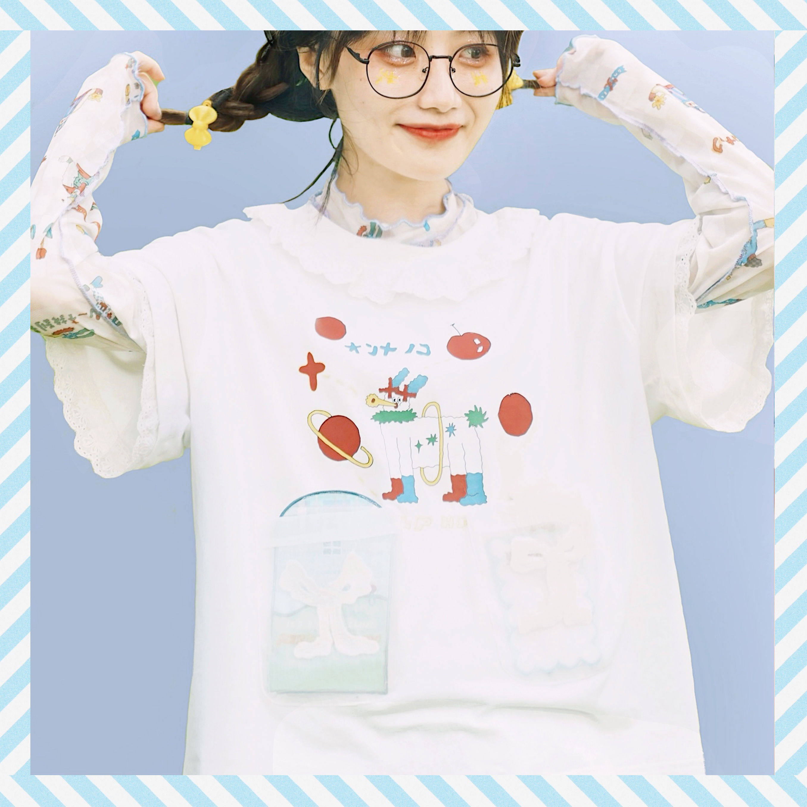 Alien society 2020 summer new look for a series of original Japanese short-sleeved lace white print cute T-shirt women