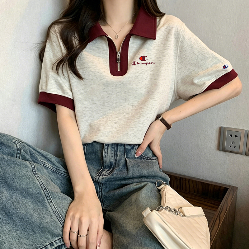 Japanese Version Champion Zipper Polo Collar Short-Sleeve T-Shirt for Women 2026 New Summer Loose Color-Block Student Top Japanese Version Champion Zipper Polo Collar Short-Sleeve T-Shirt for Women 2026 New Summer Loose Color-Block Student Top