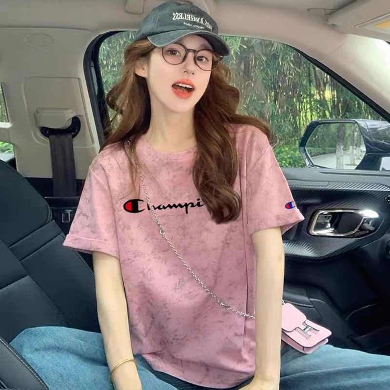 Japanese Style Champion Round Neck Short-Sleeve T-Shirt for Women 2026 New Summer Pure Cotton Half-Sleeve Regular Shoulder Pink Tie-Dye Top Trendy