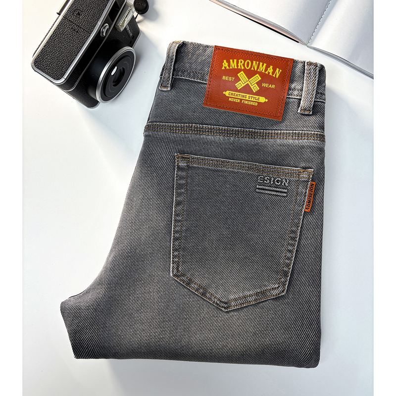 American-Style Men's Jeans, New Vintage Street Style, Light Gray, Distressed, Mid-High Waist, Slim Straight Cut, Red Label on the Back Waist, Casual Pants