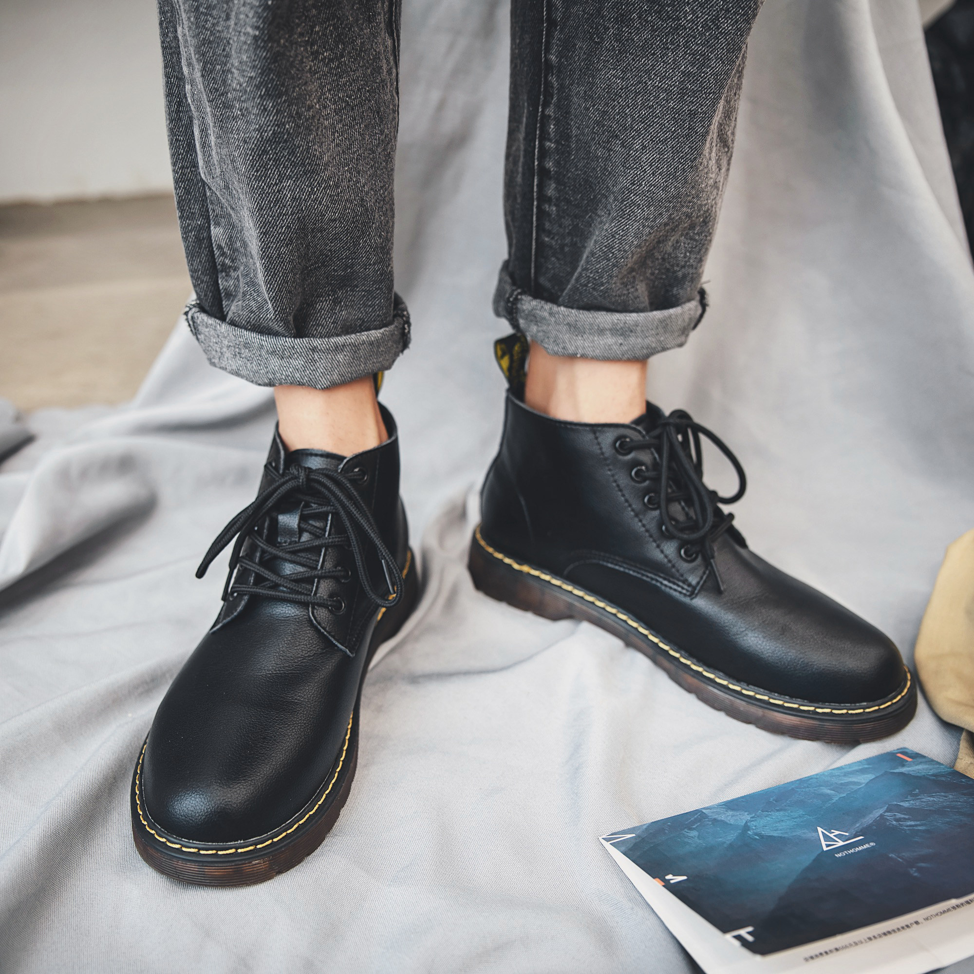 Martin boots men's tall British style spring and autumn black all-match Korean motorcycle boots mid-tube tooling short boots men's fashion - Taobao