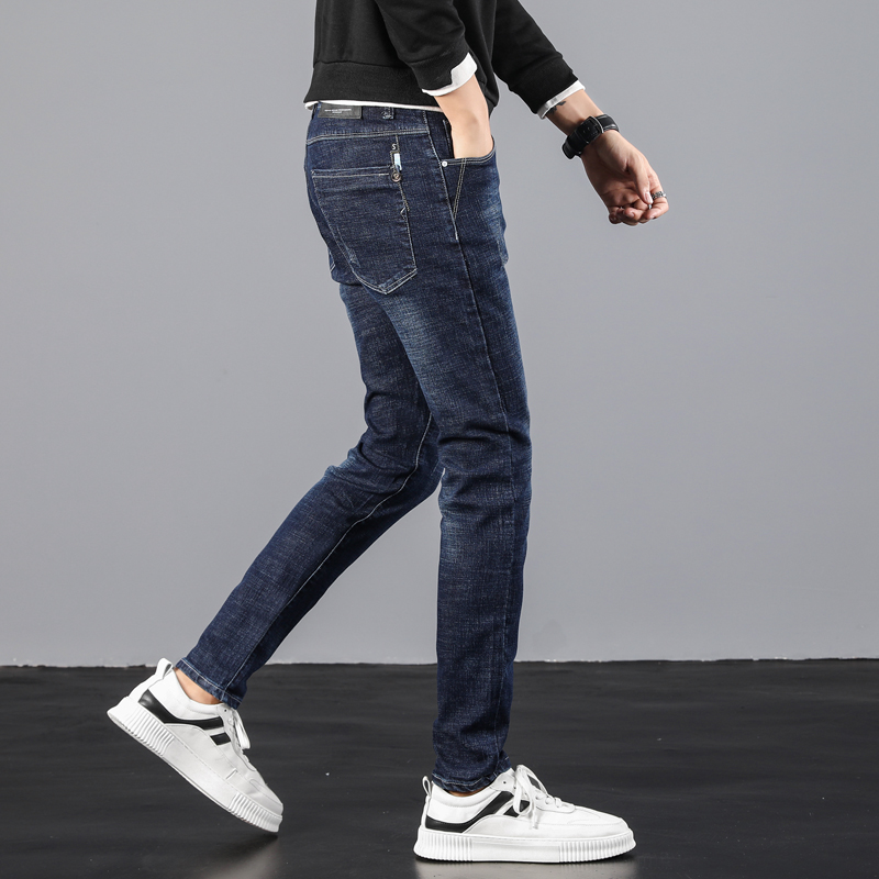 2021 New Men's Jeans Men's Spring and Autumn Straight Slim Fit Autumn Elastic Narrow Pants Tide Brand Plus Velvet Thickening