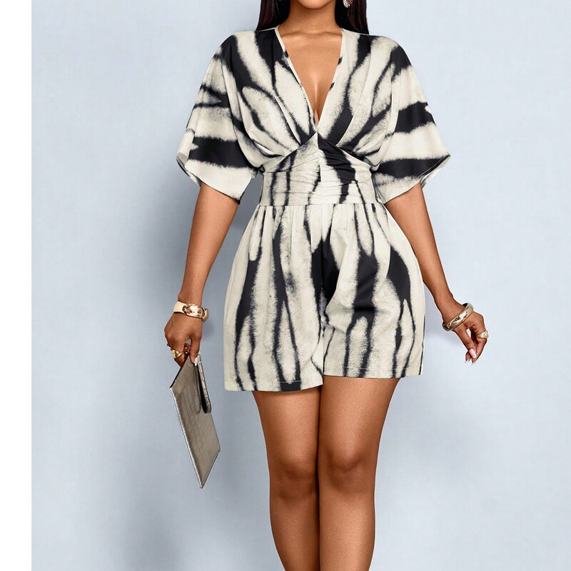 European and American Style V-Neck Waist-Cinching Women's Wide-Leg Loose Batwing Short-Sleeve High-Waisted Jumpsuit for Daily Commuting and Casual Wear