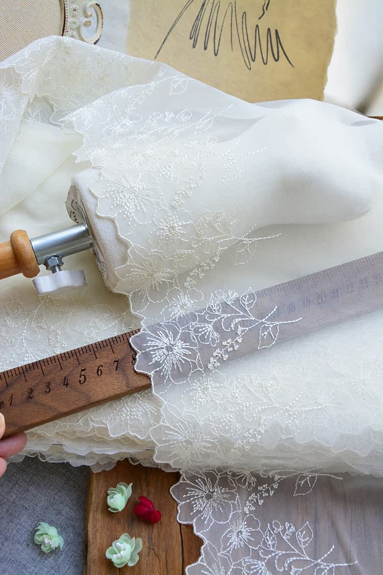 DIY Mori high quality embroidery delicate baby dress mesh lace skirt garment decoration accessories light yellow