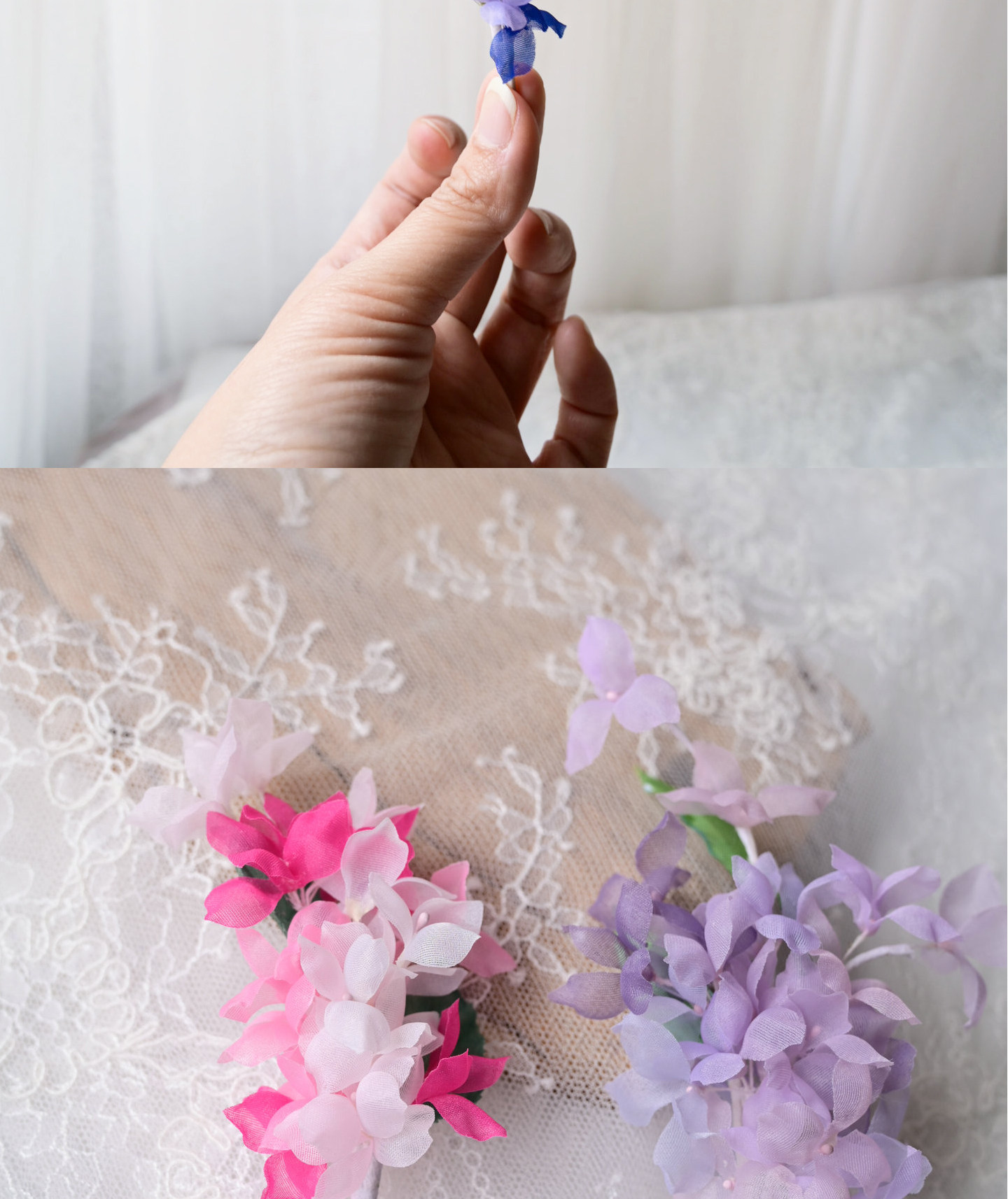 100 Stück. DIY Handgemachtes 3D-Blumenmaterial für Hochzeitskleider, Pyrographie- und Jeansgarn, Materialien für Kopfbedeckungen, Weiß und Rosa, RS247 – Detail 10
