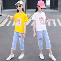 Girls suit summer clothing online red short sleeves 2022 new CUHK child girls casual summer children two sets of foreign air