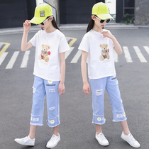 Girl Suit Summer Dress 2022 New Ocean Qi Children Short Sleeve Broadlegged Pants CUHK Children Summer Leisure Two Sets
