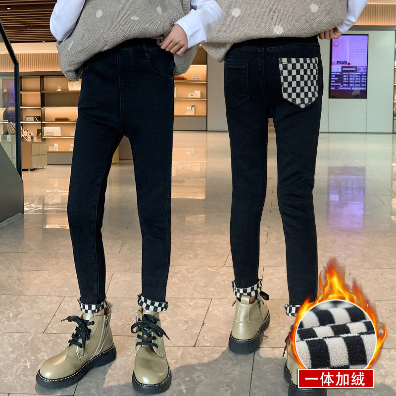 Girl Jeans Plus Suede Thickened Autumn Winter 2021 New Children Long Pants CUHK Boy Girl Smoke Pipe Trousers Foreign Pie