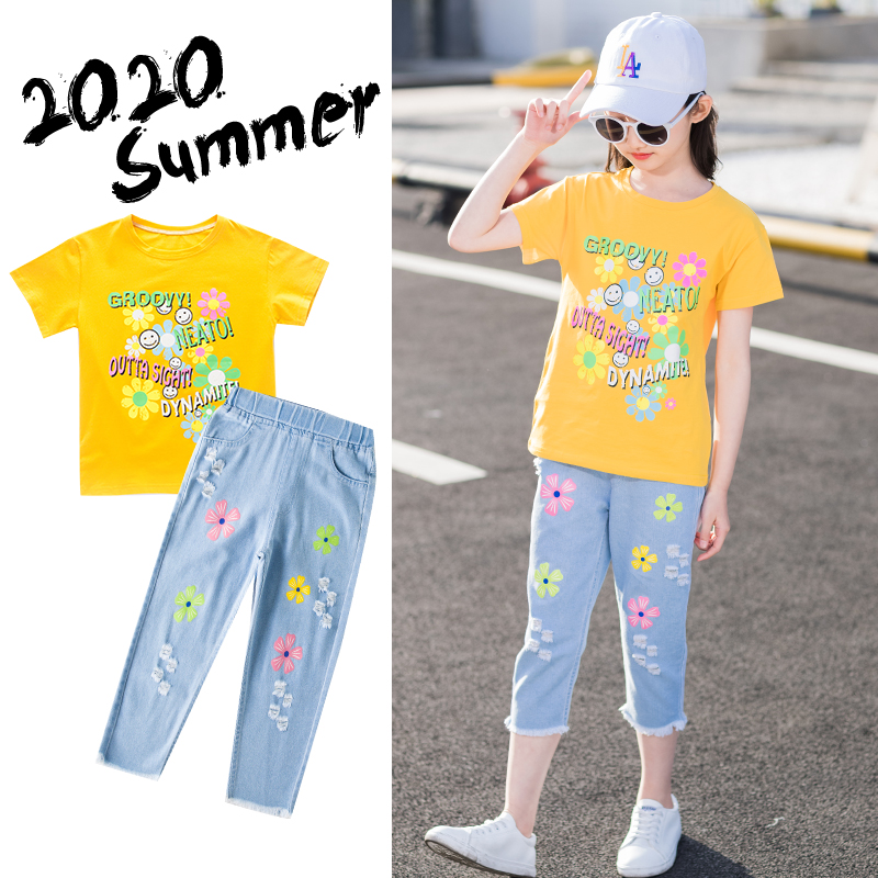 Girls summer clothes 2021 new children's foreign school net red short-sleeved suit middle and large virgin girl Korean version casual two-piece