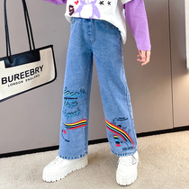 Girl Broadlegged Pants Spring Autumn Wear 2022 New easing CUHK Childrens jeans Korean version of girls Long pants Autumn clothes