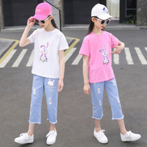 Girls Summer clothes suit 2022 new children Summer Internet Red Ocean Girl Girl Pure Cotton Short Sleeves Two Sets