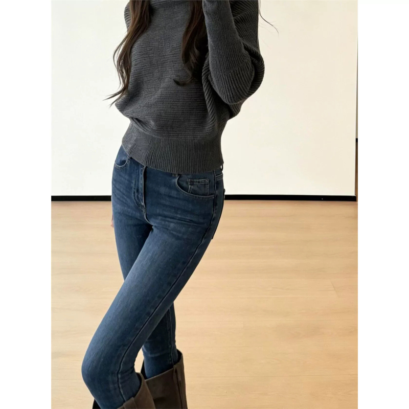 Petite Retro Blue High-Waisted Skinny Jeans for Women, Slim Fit, Fleece-Lined, American Retro Style, Cropped Skinny Pants for Women Petite Retro Blue High-Waisted Skinny Jeans for Women, Slim Fit, Fleece-Lined, American Retro Style, Cropped Skinny Pants for Women
