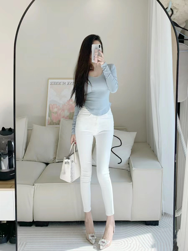 Petite White Jeans for Women, 2026 Spring New Style, High-Waisted, Stretchy, Slimming, Skinny Pencil Nine-Point Jeans