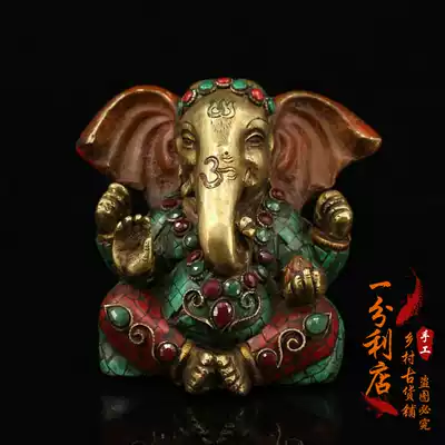 Nepal handmade copper gilt painted elephant nose God of Wealth Thailand tantric elephant God Tibetan Buddha statue sucking fortune