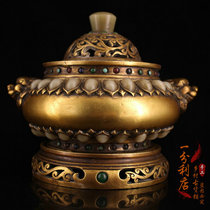 Antique pure copper gilt lion head incense furnace ornaments hand-inlaid old jade incense furnace purification incense set