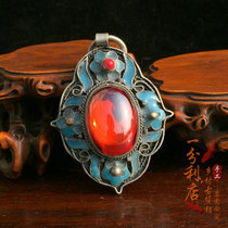 Nepalese handmade old silversmith palace Jingtai blue baked blue pure silver inlaid ruby old objects silver necklace pendant