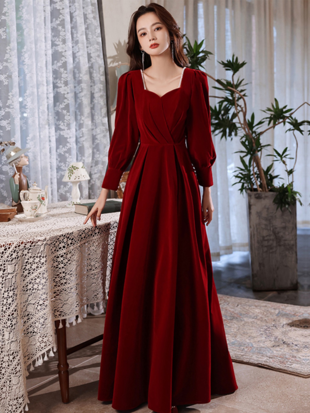 Elite dress, burgundy long red wedding shoes for bride, square neckline