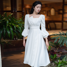 Вечерние платья 登记领证白色晚礼服女2024日常伴娘服订婚中长款泡泡袖连衣裙女