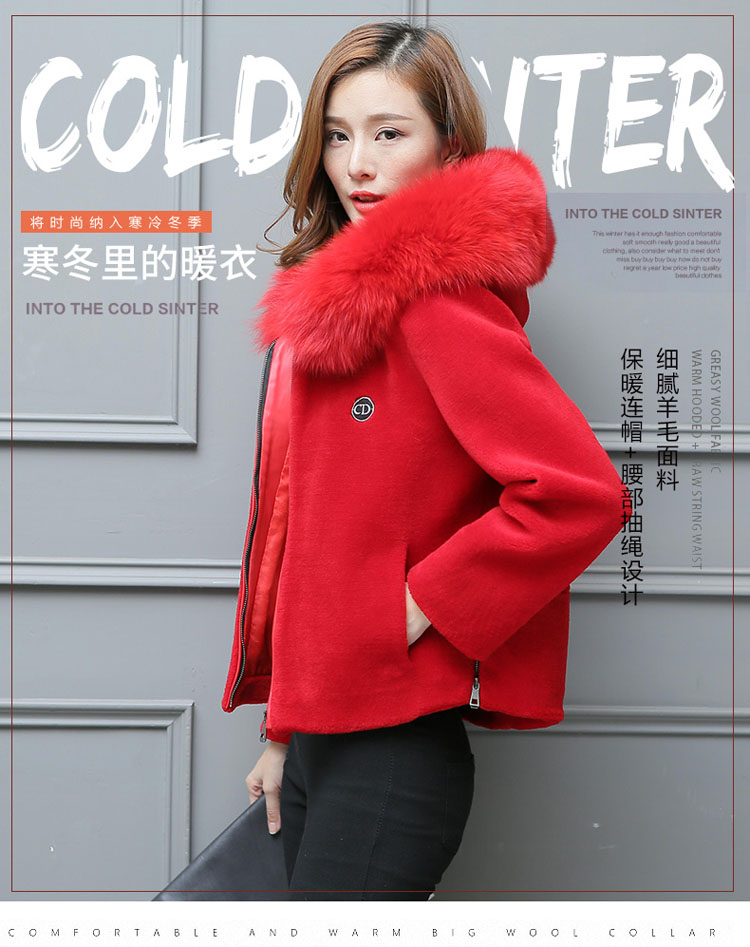 Cừu sheared coat ladies fur coat ngắn len lông cáo trùm đầu một Mỏng mùa thu và mùa đông chống mùa giải phóng mặt bằng áo lông cừu hàn quốc