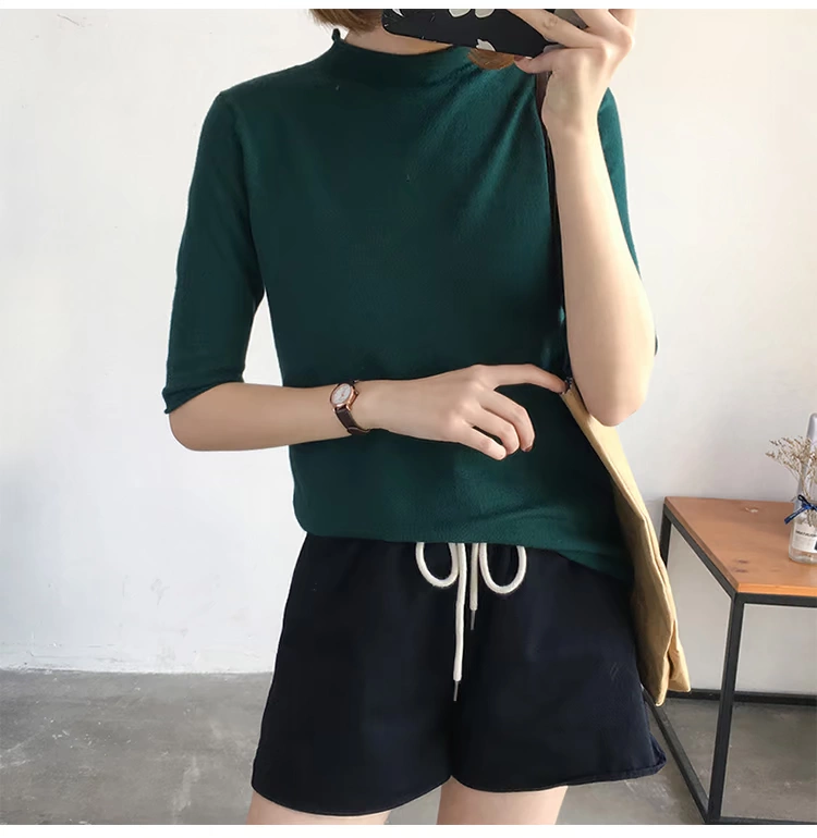 Áo len cổ lọ cao 5 điểm tay áo len mùa thu đông cho nữ phiên bản Hàn Quốc của áo len màu kẹo tay áo chạm đáy phần mỏng