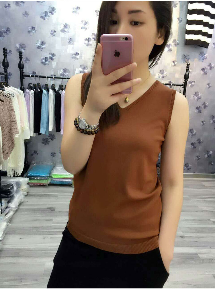 Mùa hè mới phiên bản Hàn Quốc của áo len cổ chữ v thoáng mát phần cổ áo len lụa đáy quần mặc áo yếm nhỏ yếm nữ áo nữ