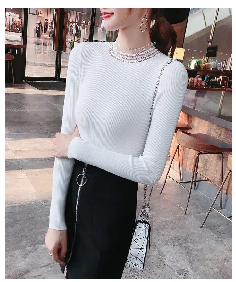 Đầm ren dệt kim chạm đáy áo sơ mi Slim bó sát dài tay màu rắn mùa thu và mùa đông nửa cổ cao bên trong áo len mỏng phần đồ nữ đẹp